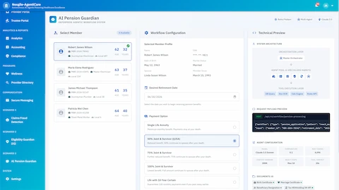 Retirement application input interface with member selection, payment option configuration (QJSA, Joint & Survivor, Life Certain), and system architecture preview